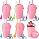 6 Set Slushie Cups with Dome Lids and Straws Detachable Spoon Straws Reusable Plastic Iced Coffee Cups Smoothie Tumbler for Birthdays Summer Party Supplies (Pastel Pink,16 oz)