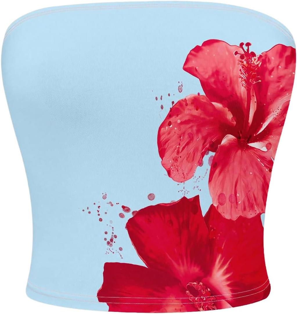 MakeMeChic Women's Floral Summer Tops Strapless Tube Crop Tops Backless Bandeau Top (Medium, Blue)