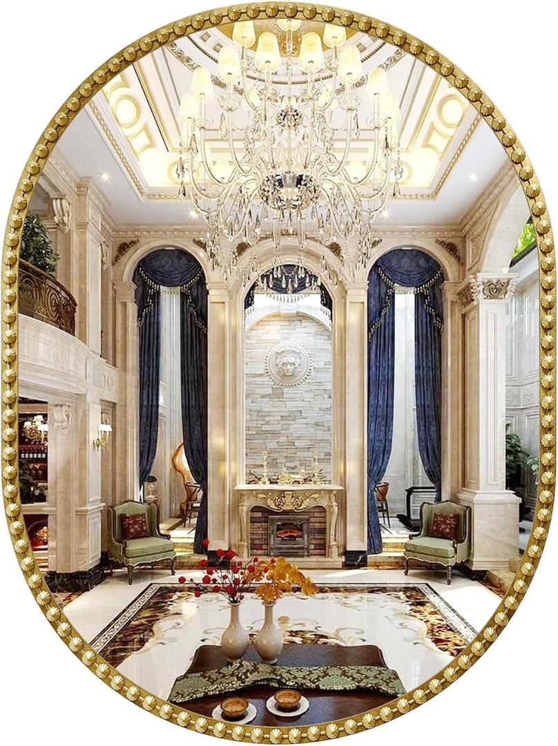 Oval Mirror for Wall, Gold Oval Bathroom Mirror, Antigue Gold Vanity Mirrors, Metal Floral Frame Mirror for Bedroom Living Room Hallway, Hangs Horizontally or Vertically (24" x 32")