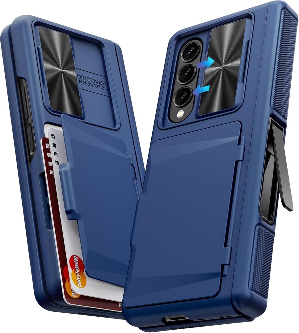 GBEE for Galaxy Z Fold 4 Case with Hinge Protection & Card Holder & Kickstand & Sliding Camera Protector, Built-in Screen Protector, Shockproof Phone Case for Samsung Z Fold 4 (Blue)