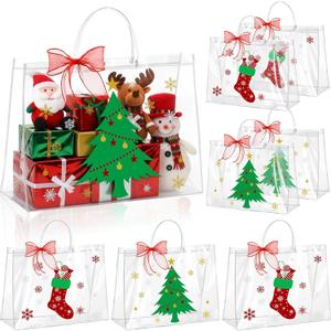 Henoyso 8 Pcs Christmas Clear Gift Bags Plastic Candy Treat Goodie Bags Red Foil Santa PVC Wrap Totes with Handles and Ribbon Xmas Party Favors (Christmas Tree,Socks,16x 6x 12 Inch)