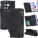 for Samsung Galaxy S26-Wallet Case: with RFID Blocking Card Slots (6 Cards) | Soft PU Leather Magnetic Snap Zipper Pocket | Crossbody Wrist Strap Protective Phone Cover - Black