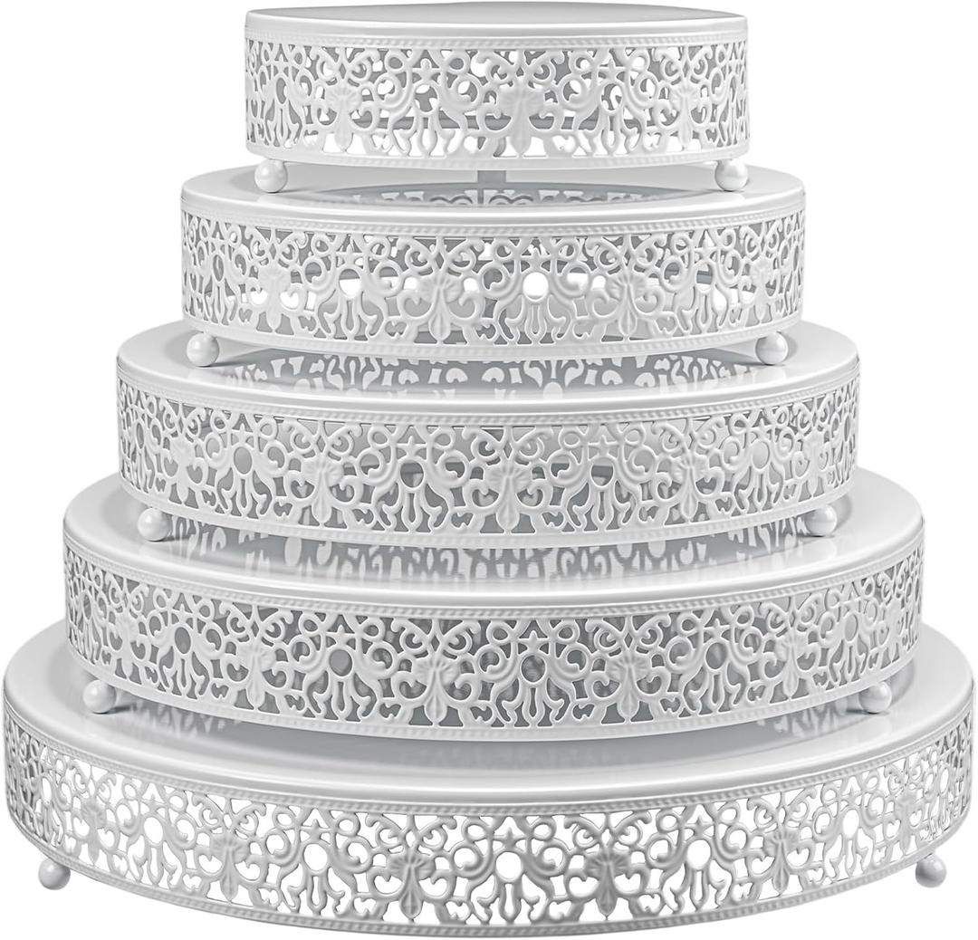 Wenqik 5 Pcs Metal White Cake Stand,16/14/12/10/8 in Round Cake Holder