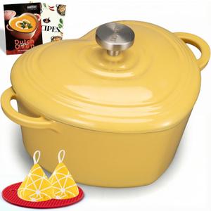 Overmont Enameled Cast Iron Dutch Oven - Heart-Shaped Pot with Lid Cookbook & Cotton Pot Holders - Mini Cookware Oven Safe to 500F for Sourdough Baking Soups Stews - Great Gift for Wedding Birthday Housewarming 2QT Yellow