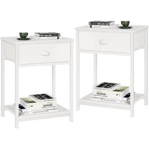 Furologee White Nightstands Set of 2, End Table with Fabric Drawer, Small Side Table for Small Spaces, 2 Tiers Storage Shelves End Table, Bedside Table for Living Room, Bedroom, Dorm