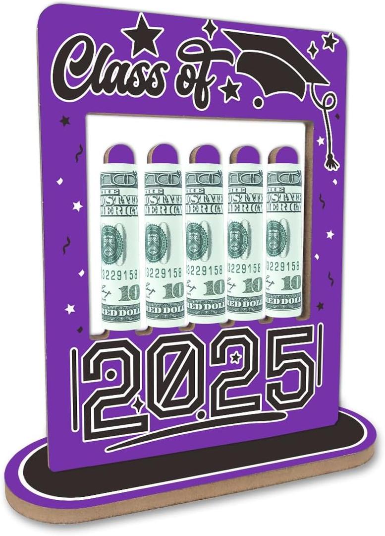 Graduation Money Holder Wooden Frame - Double Side Cash Holder for Class of 2025 Students - Creative Graduation Celebration Party Decoration Supplies - Keepsake Gift for Grads(Purple) - A06