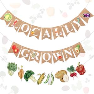 3 Pcs Locally Grown Banner Burlap Bunting Garland and Vegetable Banner for Farmers Market Produce Stand Baby Shower Wedding or Gardener Theme Farm Party Supplies Photo Backdrop