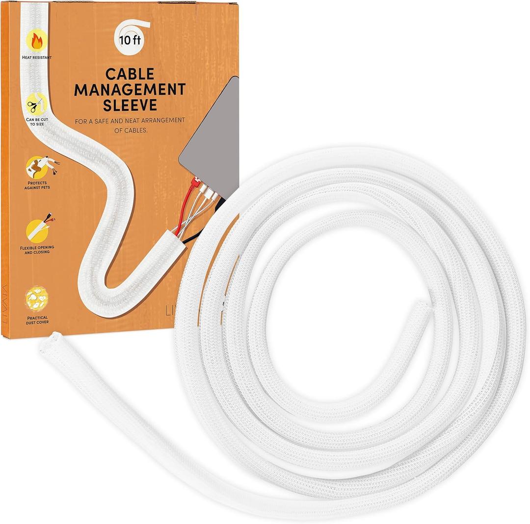 Cable Sleeve : self-Closing White Cable Tidy Sleeve for Better Desk Cable Management - 0,47 inch to 0,79in x 10ft Cable Conduit White  cuttable Cable Protector and Computer Desk Organizer by LIVAIA