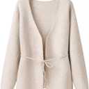 Women's Classic Coatigan Belted Wrap Cardigan Coat Oversized V-Neck Long Knit Sweater Jacket with Tie Belt (Large, Oatmeal)