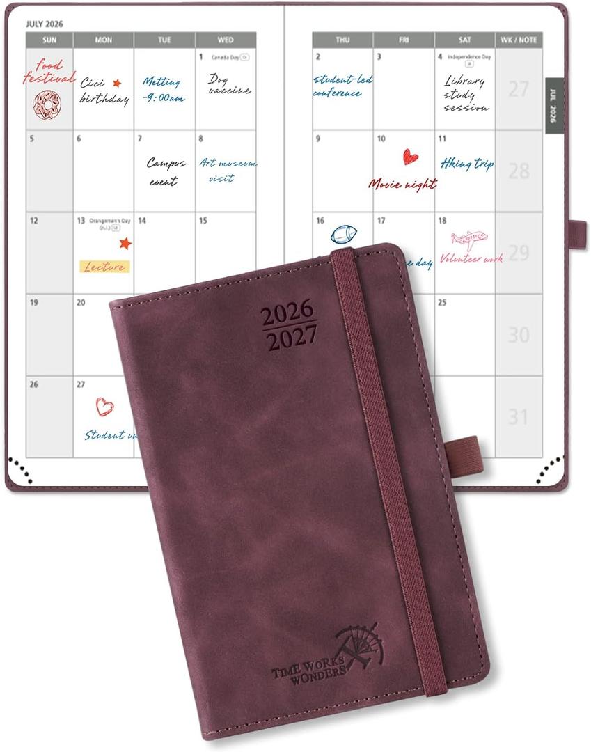 POPRUN Monthly Planner 2026-2027 (Small Size-4''x 6.25'') - 2 Year Pocket Calendar Book for Purse (Jan. 2026-Dec. 2027), Soft Leather Hardcover, 100 GSM Paper - Claret