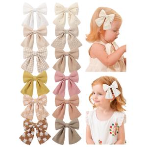 12PCS Baby Girls Hair Clips Fable Hair Bows Cotton Linen Bows for Girls Hair Accessories for Baby Toddlers Kids Neutral Color