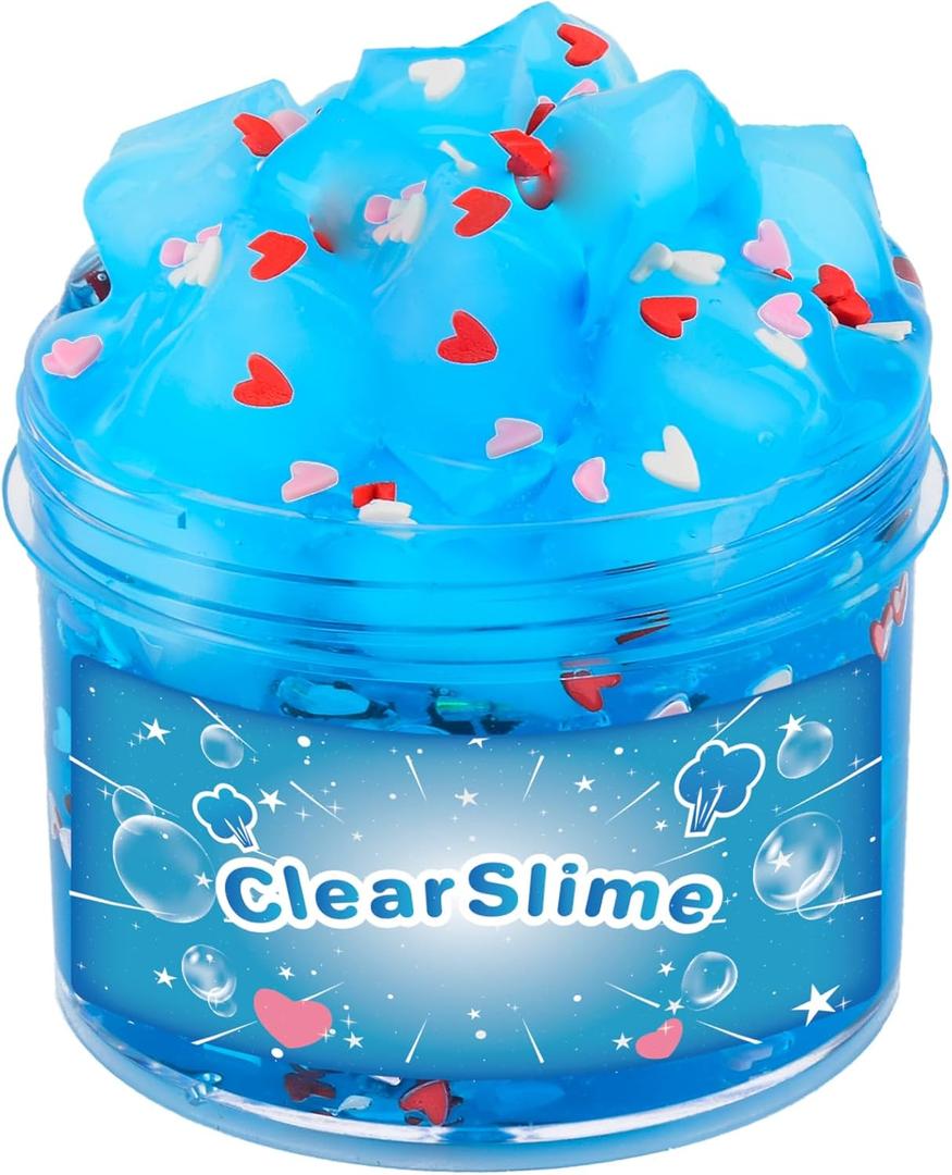 2 x Blue Clear Slime with Jelly Cubes Pink Red Hearts Add-ins, Crunchy Crystal Boba Slime Super Soft Sludge Toy with Cute Charms, Party Favors Slime for Girls Boys