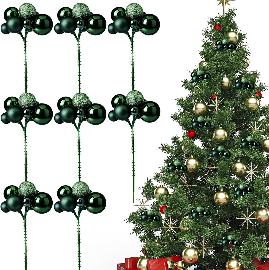 8 Pcs Dark Green Christmas Tree Picks 7.87 Inch Christmas Balls Ornaments Xmas Hanging Decorations for Xmas Tree Topper DIY Wreath Holiday Floral Vase Fillers Crafts Home Decor