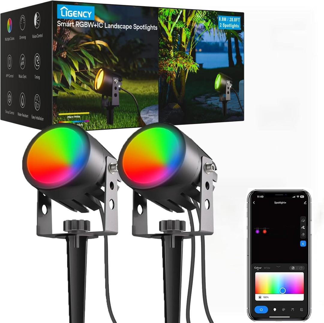 Ligency Smart Low Voltage Landscape Lights, 2 Pack Outdoor Spot Lights IP65 Waterproof Work with APP, Alexa and Google Assistant, RGBW Color Changing Spotlights for Yard Garden, 28.8Ft