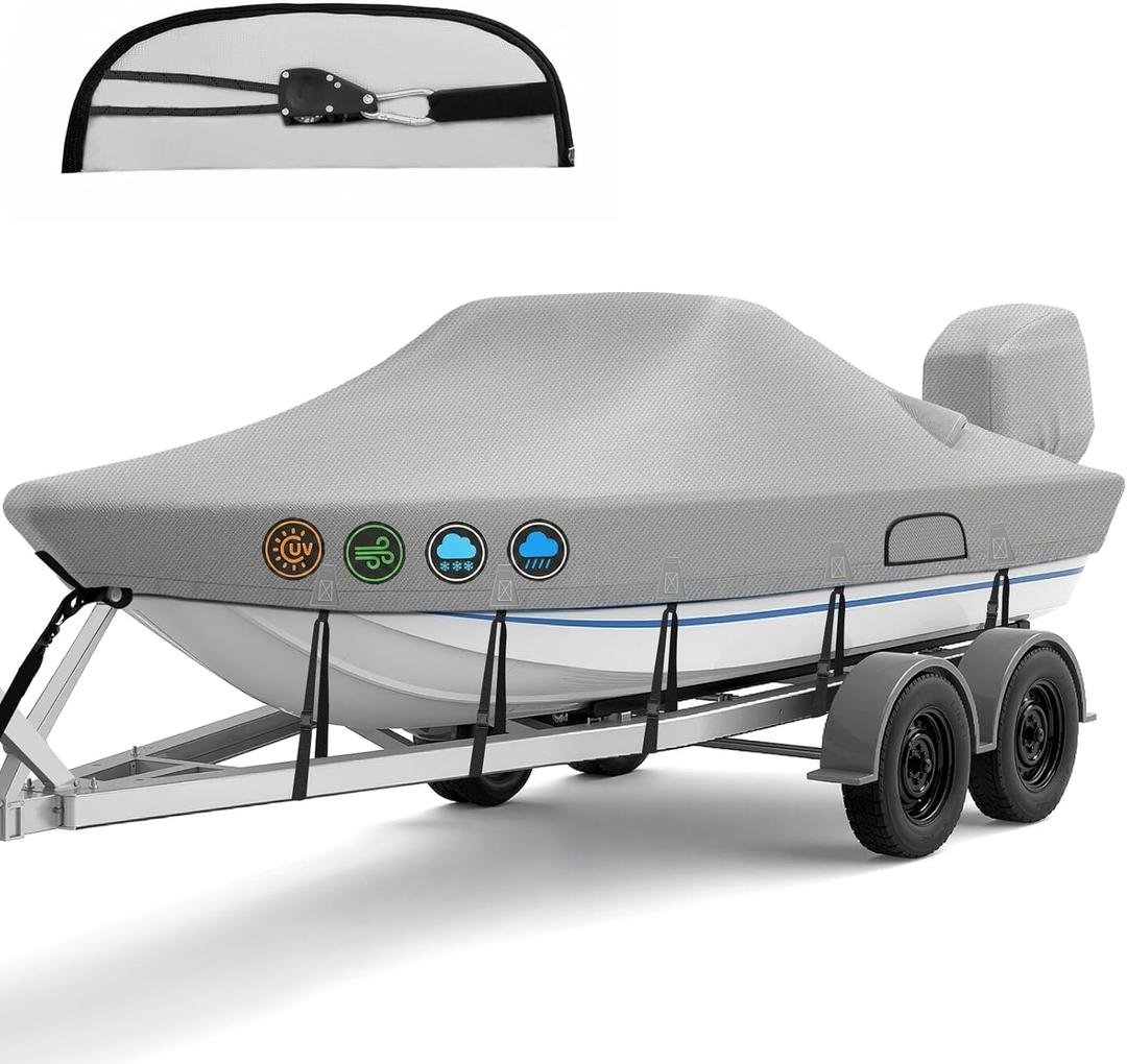 Ratchet Hurricane Proof Heavy Duty Waterproof Boat Cover, 16-18.5ft Mooring & Trailerable 1200D Bass Boat Cover with Motor Cover for Bass Tracker,Gray