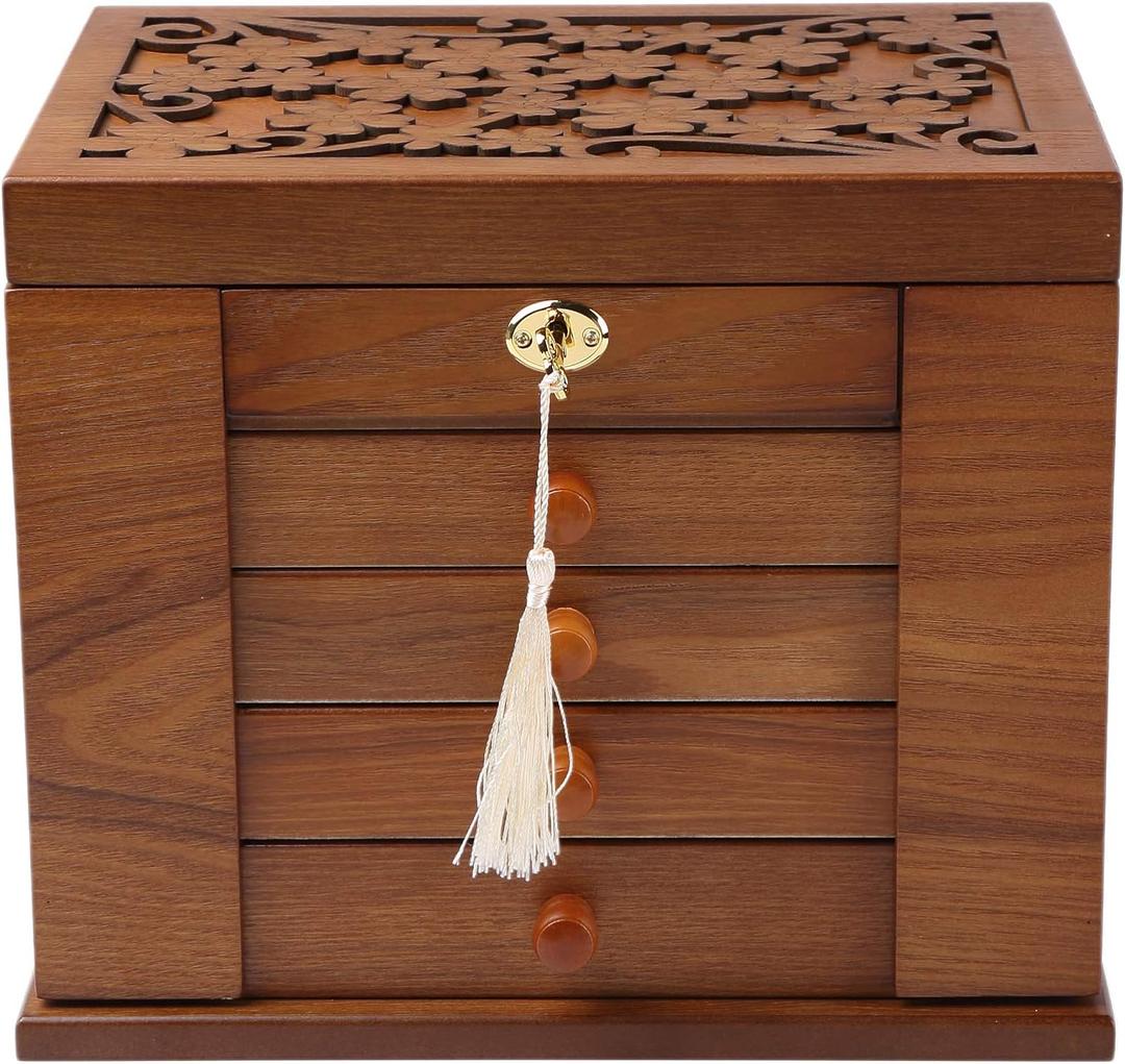 Changsuo Wooden Jewelry Box for Women, Organizer Box of Solid Wood with Lock and Key for Jewelries, Watches, Necklace, Ring, Lockable Storage Case (Cherry)