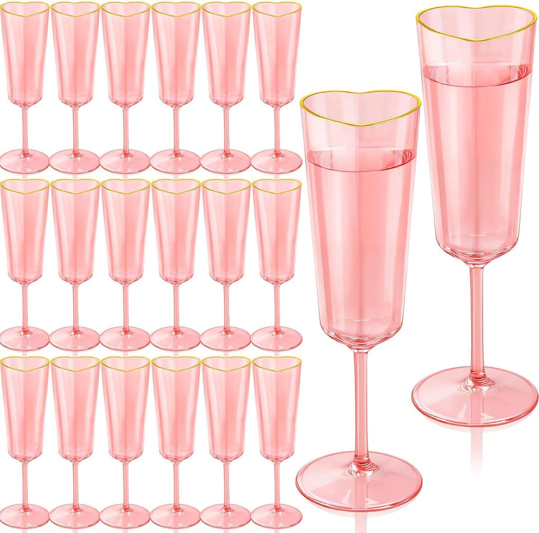 24 Pcs Valentine's Day Heart Shape Plastic Champagne Flute Glasses with Gold Rim Gift Set 5 oz Elegant Pink Cocktail Toasting Glasses Wine Cups Bulk for Wedding Bridal Birthdays Party Supplies