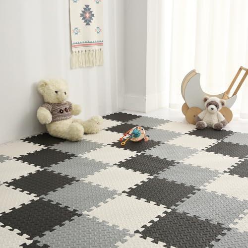 Tamiplay Foam Play Mat for Baby, 0.4 Inch Thicked Interlocking Floor Mats with Solid Colors, Soft Non-Toxic Baby Playmat, EVA Foam Playmat Foam Mats for Toddlers, 16 Tiles(White/Black/Gray)