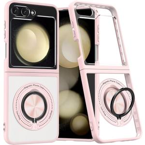 Magnetic Case for Samsung Galaxy Z Flip 6 / Flip 7 FE, Clear Pink | Compatible with MagSafe, Military Grade, Shockproof, Slim fit, Ring, Kickstand