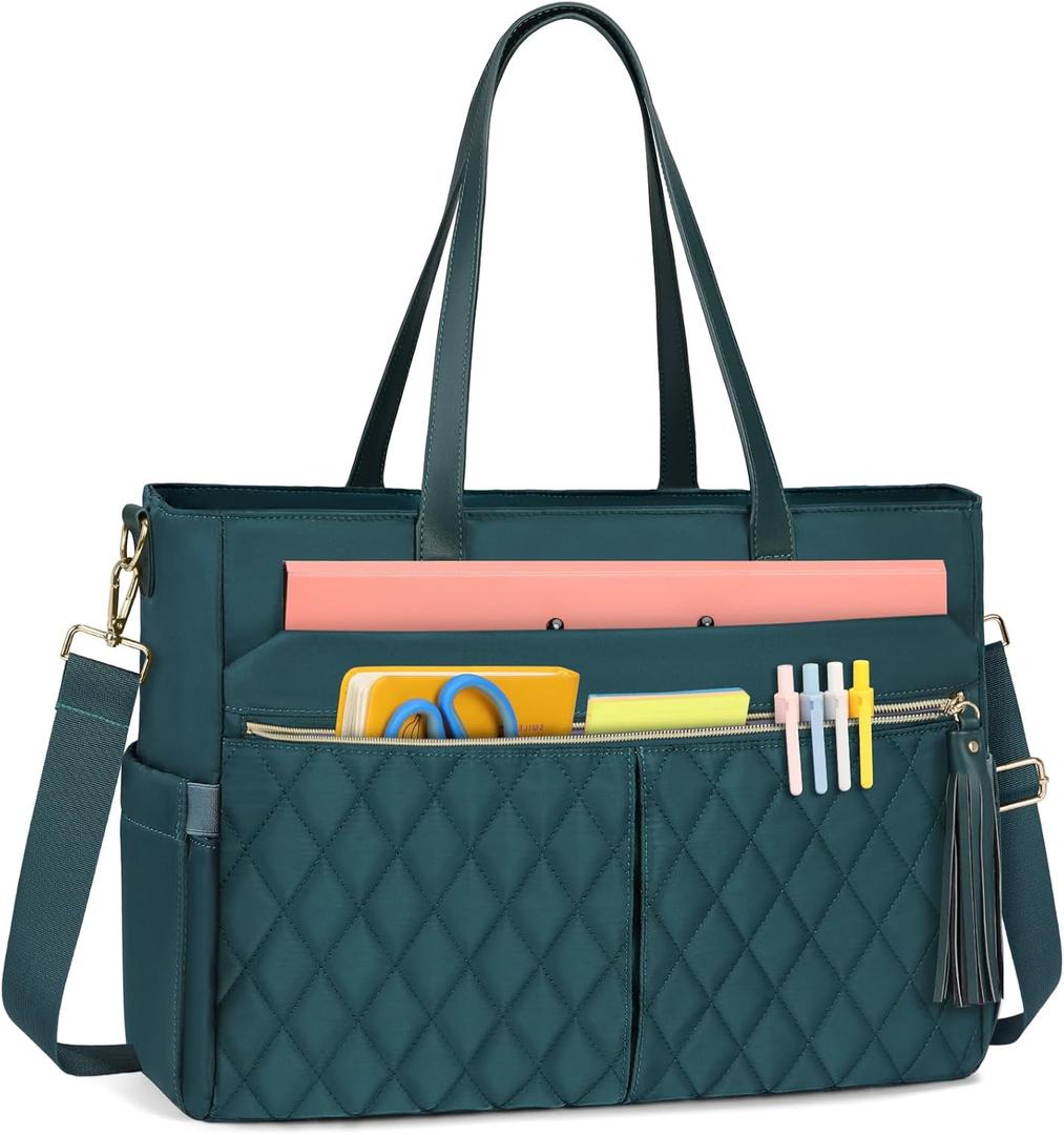 RAINSMORE Laptop Bag for Women 15.6" Teacher Tote Work Bag with Insulated Pockets, Professional Nurse Bag Laptop Briefcase Large Handbag for Office College Nursing, Green