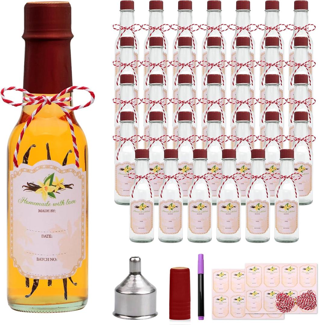 5oz Hot Sauce Bottles with Lids,Clear Woozy Bottles with Shrink Capsules,Small Wine Making Bottles With Lids for Bottling,Empty 5oz Glass Vanilla Extract Bottles With Red Caps Set of 35