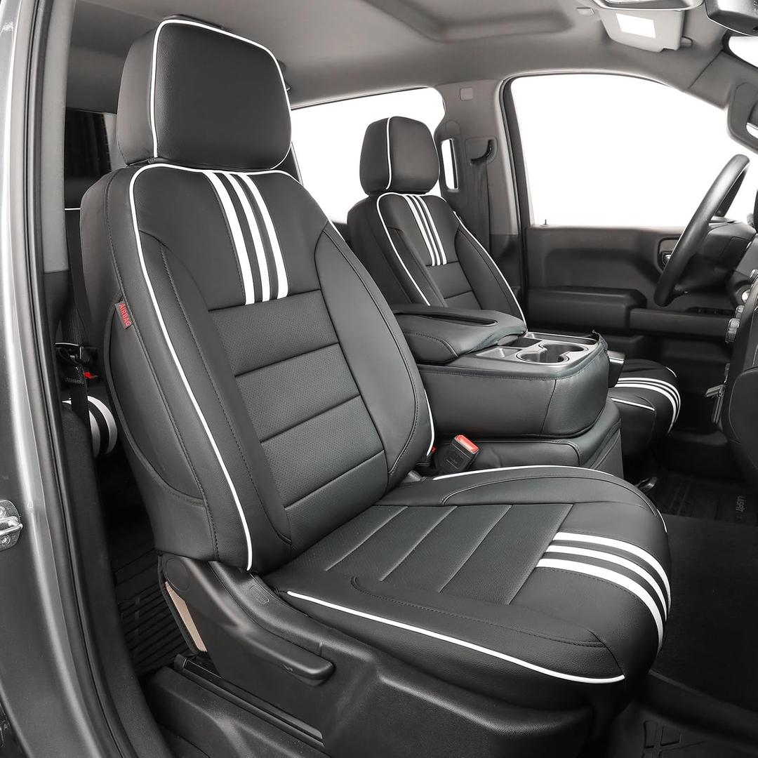 EKR Silverado Seat Covers Custom Fit for (Crew Cab) 2019-2026 Chevrolet Silverado 1500/1500 Limited/HD 2500/3500, Rear Row W/No Armrest,Faux Leather(Black with White Trim)