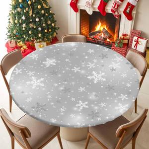 Round Fitted Tablecloth with Elastic Edged, Winter Snowflake on Gray Fitted Circle Tables Cover Wipeable Waterproof Table Cloth for Indoor Outdoor Use Tabletop Decor Christmas Theme (Grey) 44"