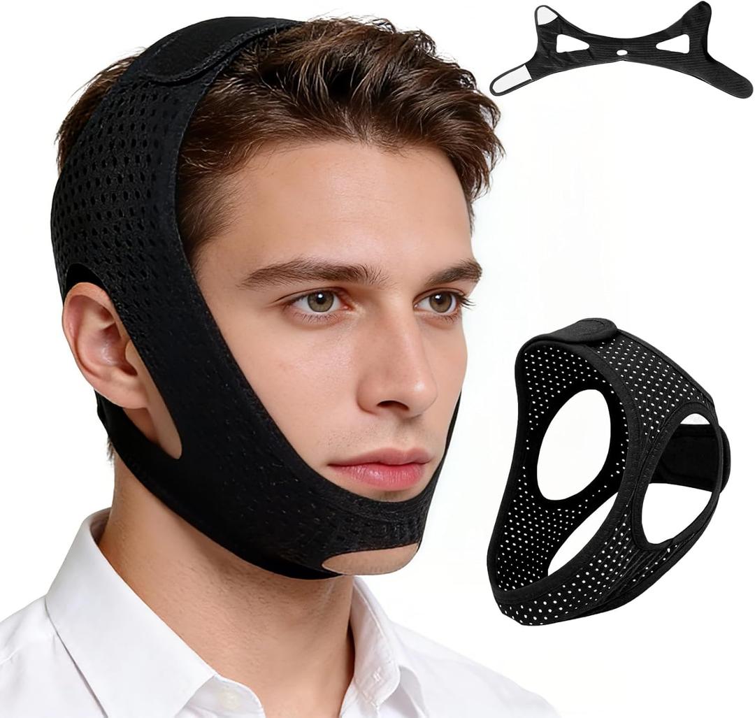 Chin Strap for CPAP Users, 2 Pack - 4-Side Adjustable Anti Snoring CPAP Chin Strap for Sleeping - Breathable Snore Stopper Jaw Support for Men &Women - Washable Comfortable Black