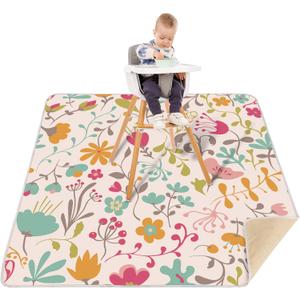 Welspo Splat Mat for Under High Chair, Washable Large Baby Splash Mat, Anti-Slip Silicone Spot Waterproof Floor Mat, Food Catcher Art Craft Leak Proof Mat(White Flower, 51inch X 51inch)