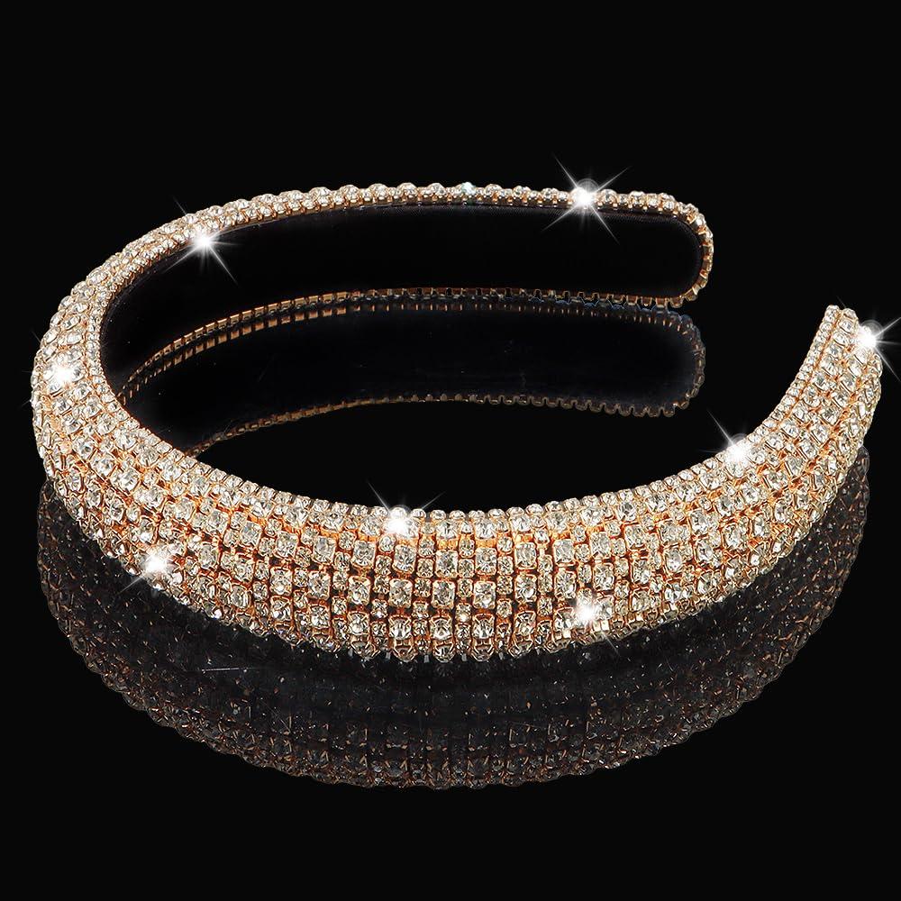 AHONEY Gold Rhinestone Headband for Women Girls, Hair Bling Crystal Glitter Sparkly Diamond Padded Headband Fancy Jeweled Headpiece Holiday Hair Accessories Birthday