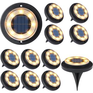 Flacchi Solar Lights Outdoor Waterproof - 2-in-1 Solar Powered Ground Lights Outdoor Solar Disk Light Landscape Light for Deck Step Patio Yard Pathway Walkway Driveway Garden (Warm White, 12 Pack)
