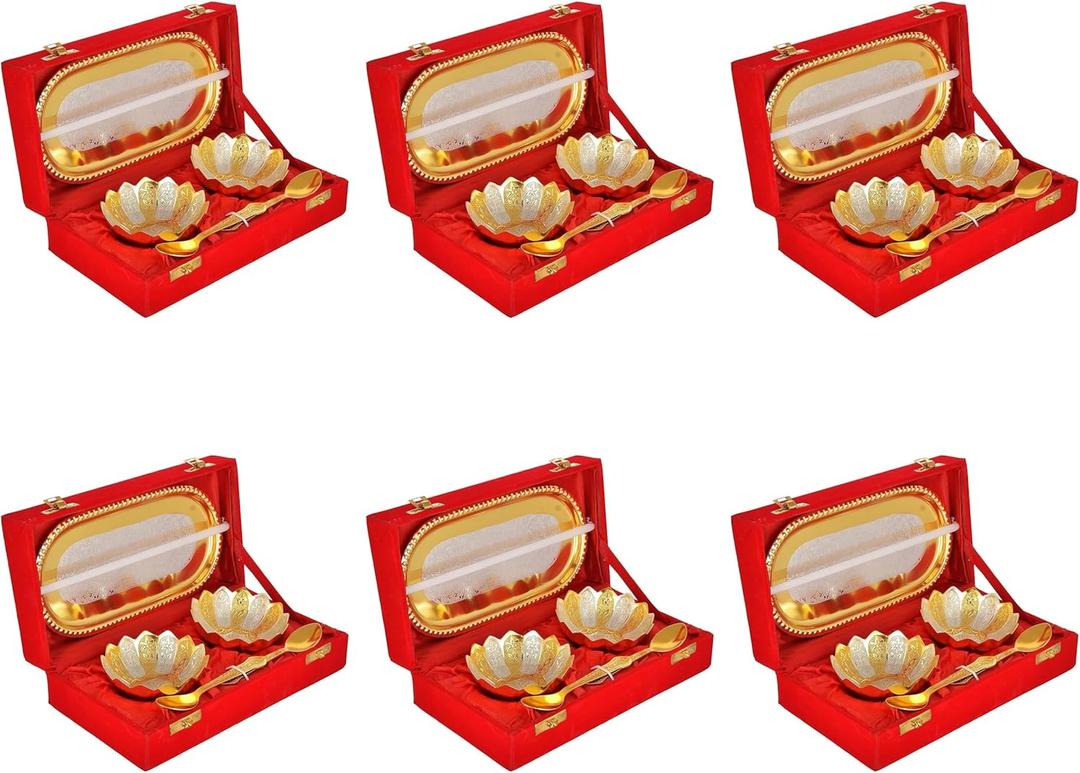 Gold Silver Plated Bowl Spoon Tray Set Dry Fruits Dessert Serving Set Diwali Gifts Friends Family Home Decorative Corporate Christmas Wedding Return Gift Items 6 Sets