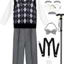 100 Days of School Costume for Boys Old Man Costume for Kids 100th Day of School Grandpa Dress up Outfit Accessories (5-7X, Gray With Navy Blue, Light Gray)