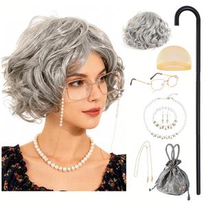 RIOSO Old Lady Costume for Women Granny Grey Wig Adult Outfit for Woman Old Grandma Costumes