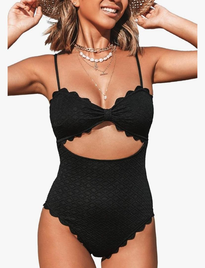 CUPSHE Women's One Piece Swimsuit Sexy Black Cutout Scallop Trim Bathing Suit size S