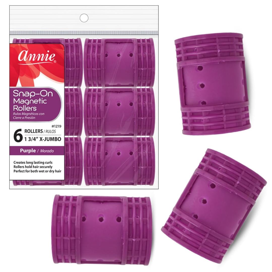 Annie Snap-On Magnetic Hair Rollers  Extra Jumbo 1 3/4 Inch with Locking Snap-Over Hood  Secure Hold No Pins Needed  Purple, 6 Count