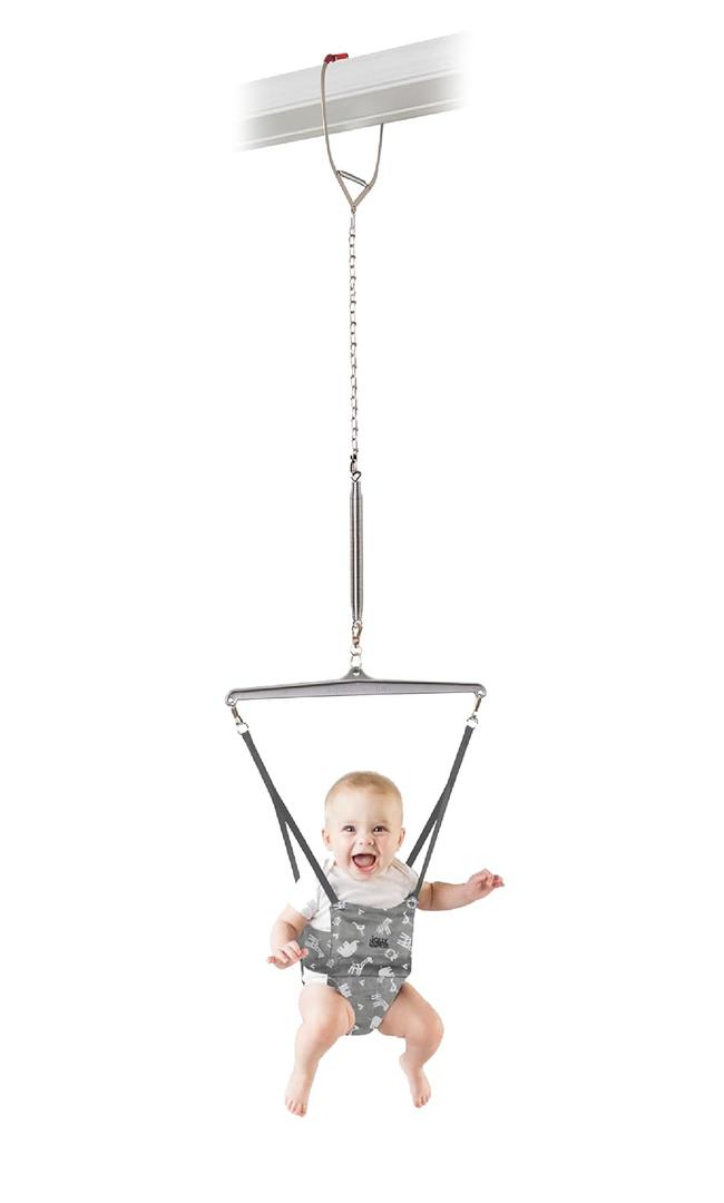 Jolly Jumper Iconic (Grey Safari), Doorway Baby Jumper, Indoor Exercise Saddle Seat, Adjustable Height, for Infants up to 28lbs, Black, No Stand Required