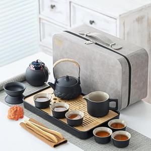 Japanese & Chinese Tea Set, Adults' Portable Gongfu Tea Set with tea pet with Porcelain Teapot, 8oz teapot,14-Piece  for Home/Outdoor/Office Gifts (Gray)