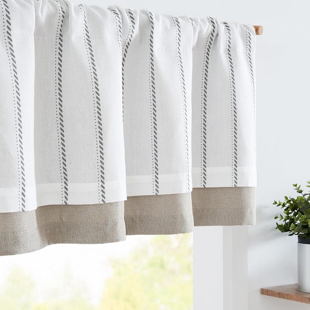 jinchan Nautical Valance Striped Linen Curtain 16 Inch Gray Farmhouse Room Darkening Kitchen Valance for Living Room Window Double Layer Blackout Window Pinstripe1 Panel Grey on White
