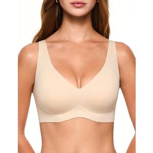 Lehoba Deep V Jelly Bras for Women, Wireless Plunge T-Shirts Bralettes No Underwire Seamless Everyday Bra Nude, M
