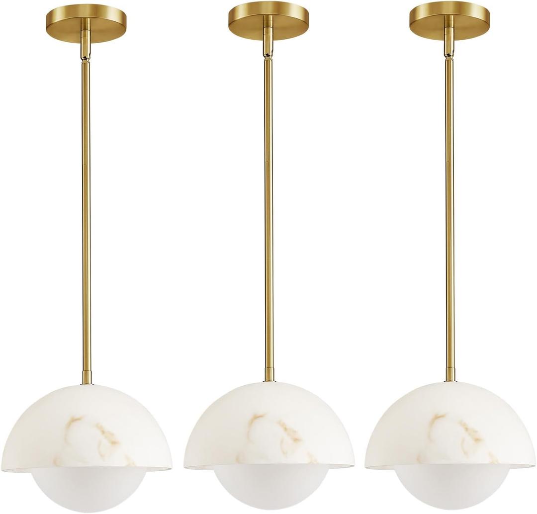 Modern Pendant Light Fixtures: 10 Inch Resin Shade Mid Century Chandelier with Milk Glass Globe - Adjustable Gold Pendant Lighting for Kitchen Island 3 Packs