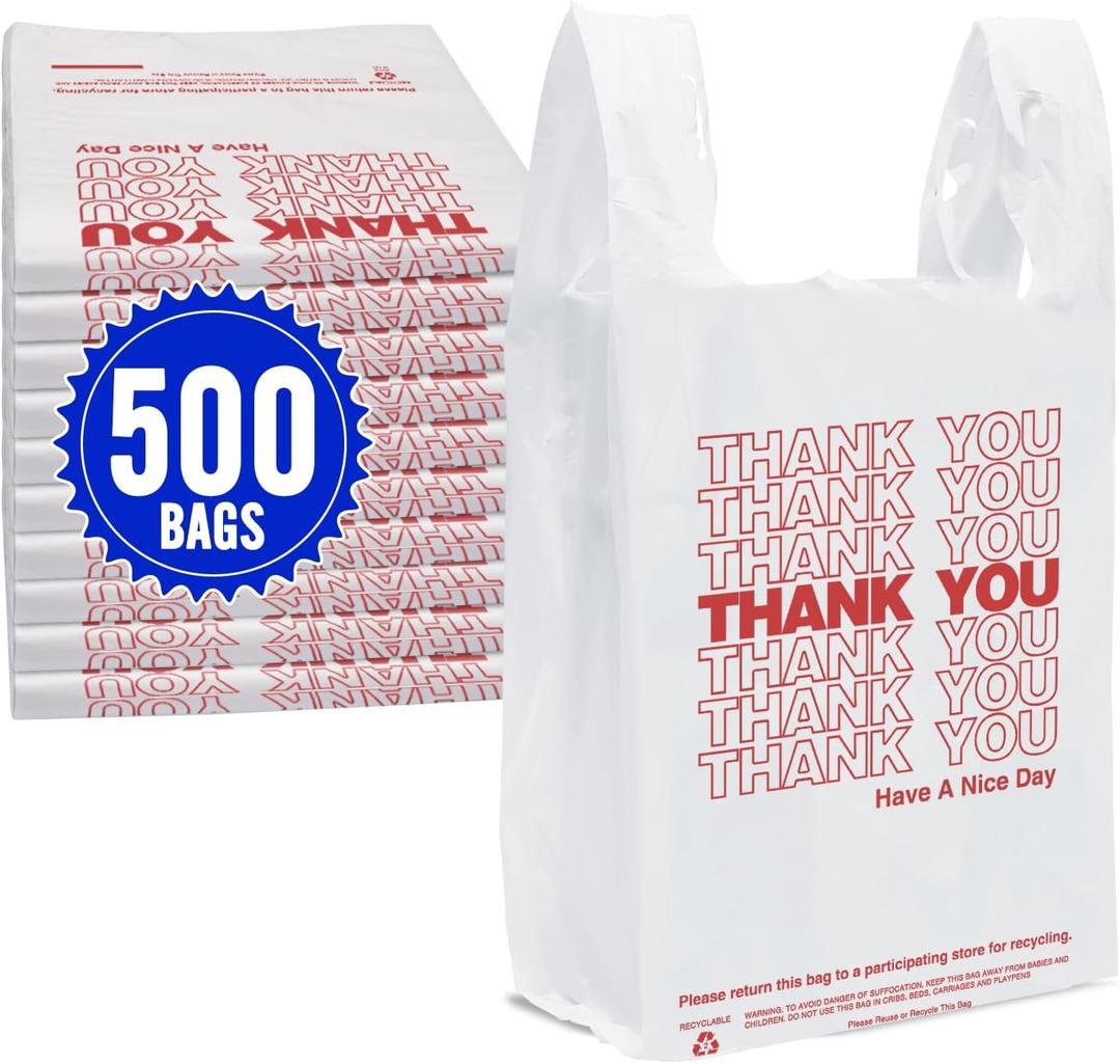 Fuxury 500 Count - Thank You Plastic T-shirt Bags White with Handles (11.5" x 6.5" x 21"), Grocery, Take Out, To Go, Restaurants, Convenience Store,Retail Shopping Bags in Bulk for Small Business
