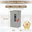 Upgrade3P 60 Amp Disconnect,New Add Ground Design,Disconnect Switch Non-Fuse,NEMA 3R Standard,Heavy Duty Steel Material,Rust and Corrosion Resistant,for Indoor and Outdoor,120/240v,10-Year Warrnaty