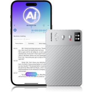 AI Voice Recorder, Transcribe & Summarize AI Audio Recorder, Support 121 Languages, 64GB Memory, Wireless Charging, App/Web Control, Digital Recording Device for Lectures, Meetings, Calls, Silver