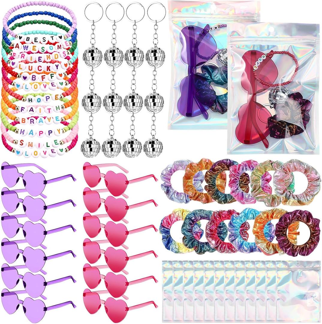 Geiserailie 60 Pcs Kpop Party Favors Popular Singer Supplies Friendship Bracelets Disco Keychain Sunglasses Holographic Scrunchie Set Bags 12 Set Friendship Gifts for Kpop Fans Women(Multicolored)