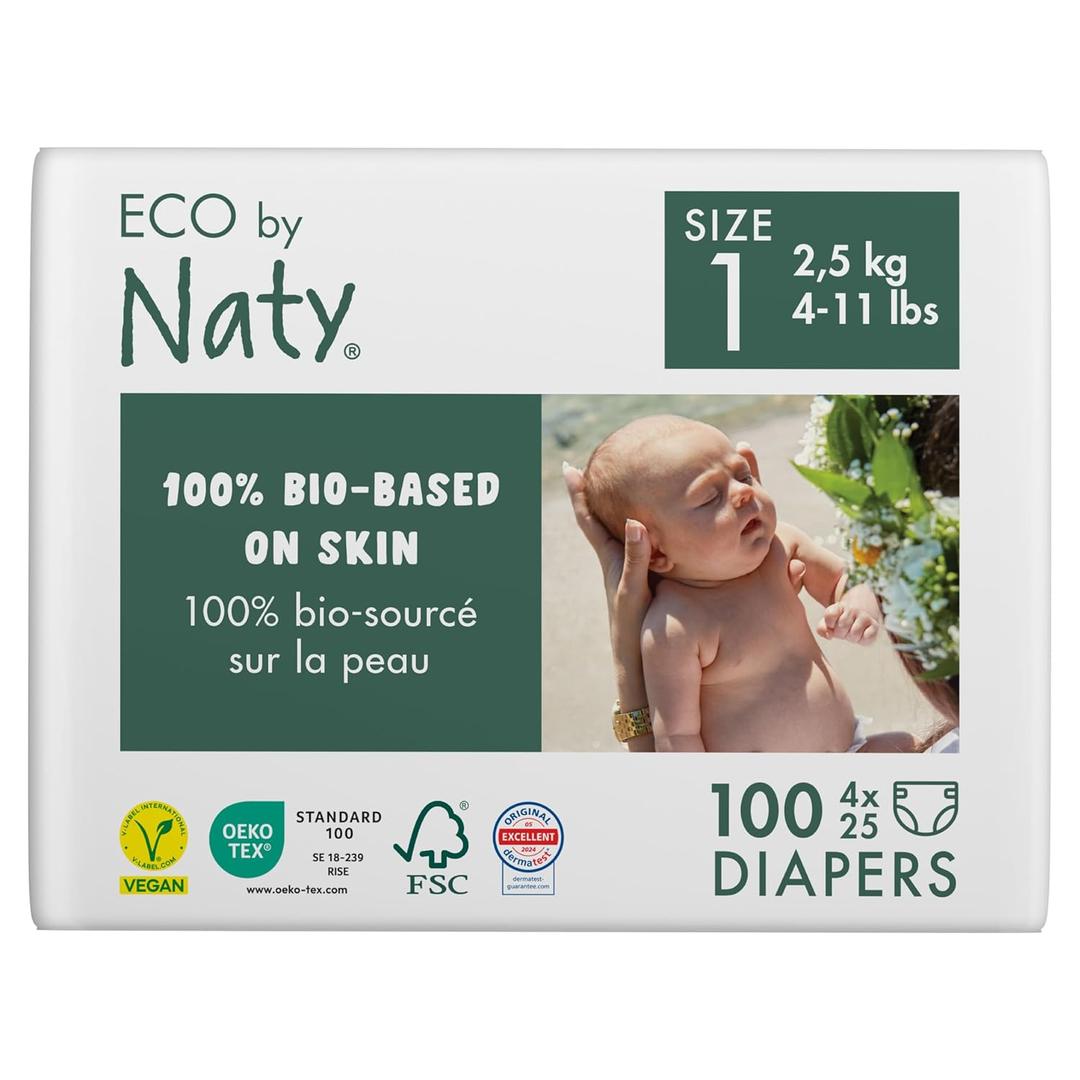 Eco by Naty Eco-Friendly Baby Diapers Newborn - 100% Plant-Based Materials on Skin, Extra Soft, for Sensitive Skin & Super Absorbent (Size 1, 100 Count)