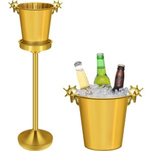 Ice Bucket with Stand,Gold Stainless Steel Champagne Ice Bucket,Deer Head Handle Wine Chiller Bucket for Christmas Wedding Bars,5L Wine Bucket on Stand for Cocktails Beer Sparkling Wine
