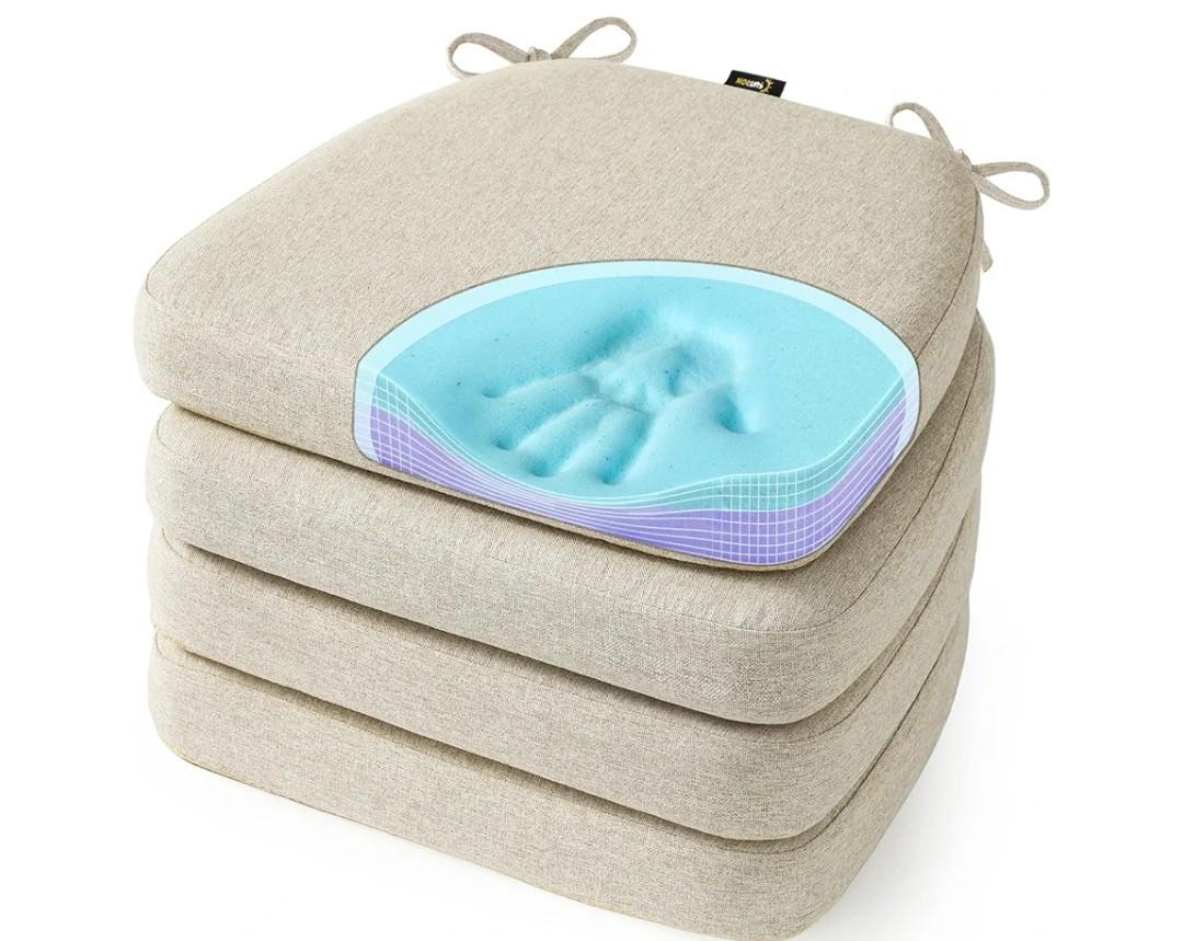 SUNROX Cooling Gel Memory Foam Chair Cushions, 2.6" Thick U-Shaped Dual-Layer Comfort Dining Chair Pads, Non Slip Seat Cushion with Ties for Indoor Kitchen Office 17"x16" Set of 4,  grey color