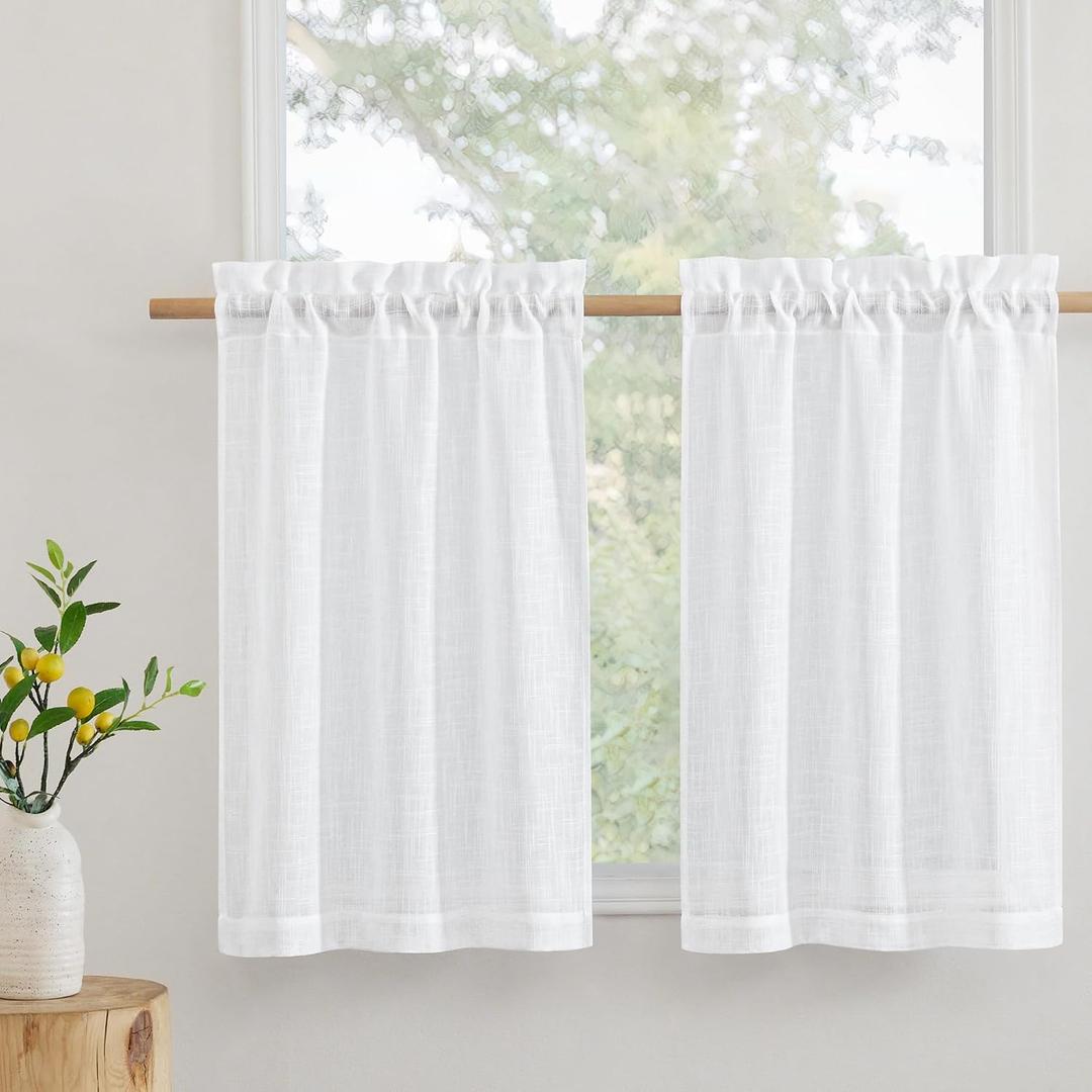 RYB HOME White Linen Textured Sheer Ties for Bathroom Bedroom, Machine Washable Kitchen Soften Sunlight Short Curtains Valances Country Rustic, W 42 x L 36 inches, White, 2 Panels