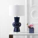 JONATHAN Y 28.5" Navy Ceramic Table Lamp for Living Room Bedroom Nightstand, Modern Hourglass LED Bedside Lamp with Crystal Base and Linen Shade (JYL4027B)
